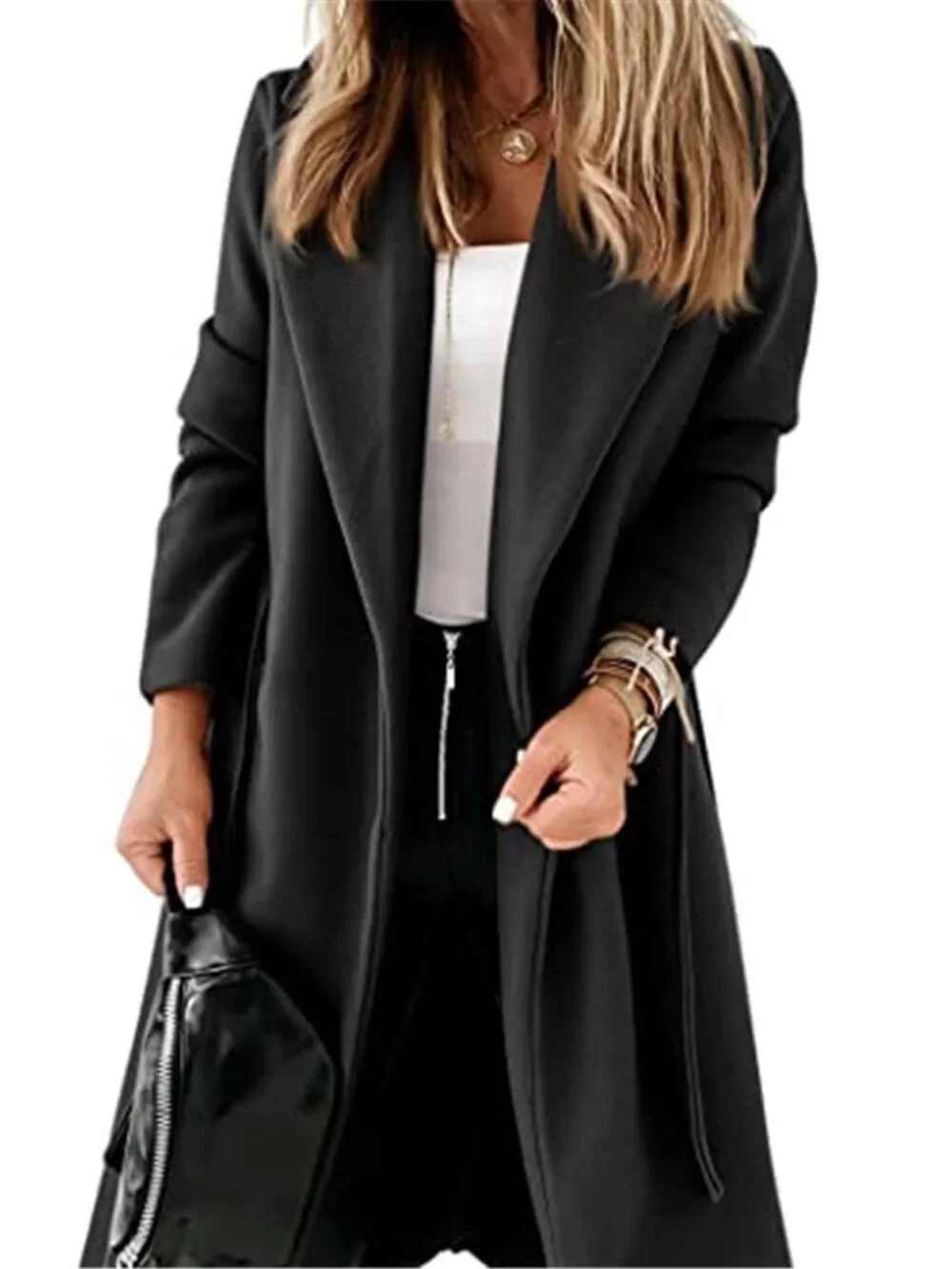 Women's Classic Coat Lapel Collar Open Front Belted Long Jacket